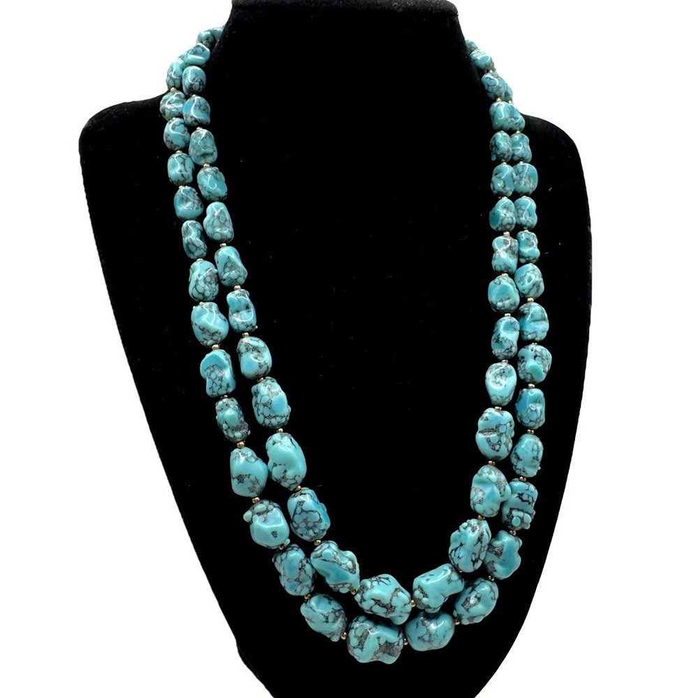 Vintage Double Strand Necklace Beaded Blue Black Nuggets 18" Unique Clasp